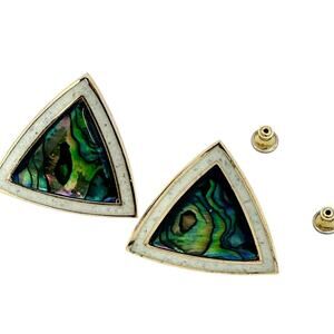 Vintage Duri Gold Tone Abalone Statement Pierced Earrings Signed Estate